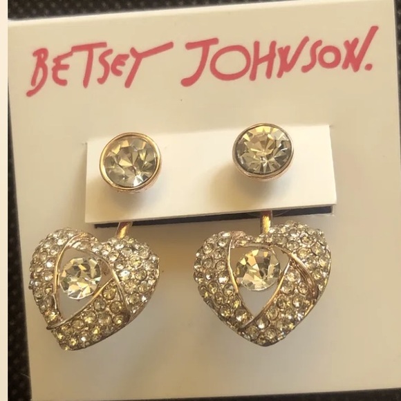 Betsey Johnson Rose Gold Tone Heart Front Back Crystal Encrusted Drop Earrings - Picture 8 of 10